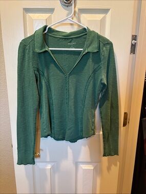 Anthropologie Pilcro Stitched Long-Sleeve Collared V-Neck Top Green Size S